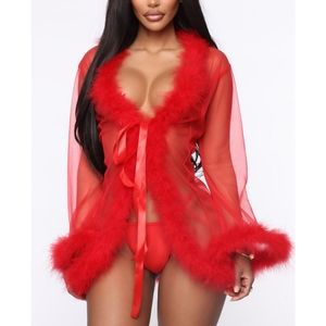 Mesh/faux feather trim Robe